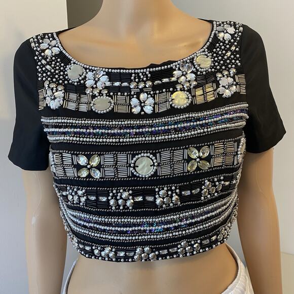 Bebe Vintage Y2K Crop Black Beaded Sequins Bling Gala Goth Grunge Blouse Top 2 - Picture 6 of 8